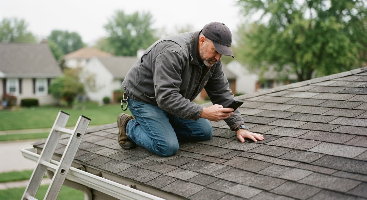A home inspector photographing roof shingles with a phone