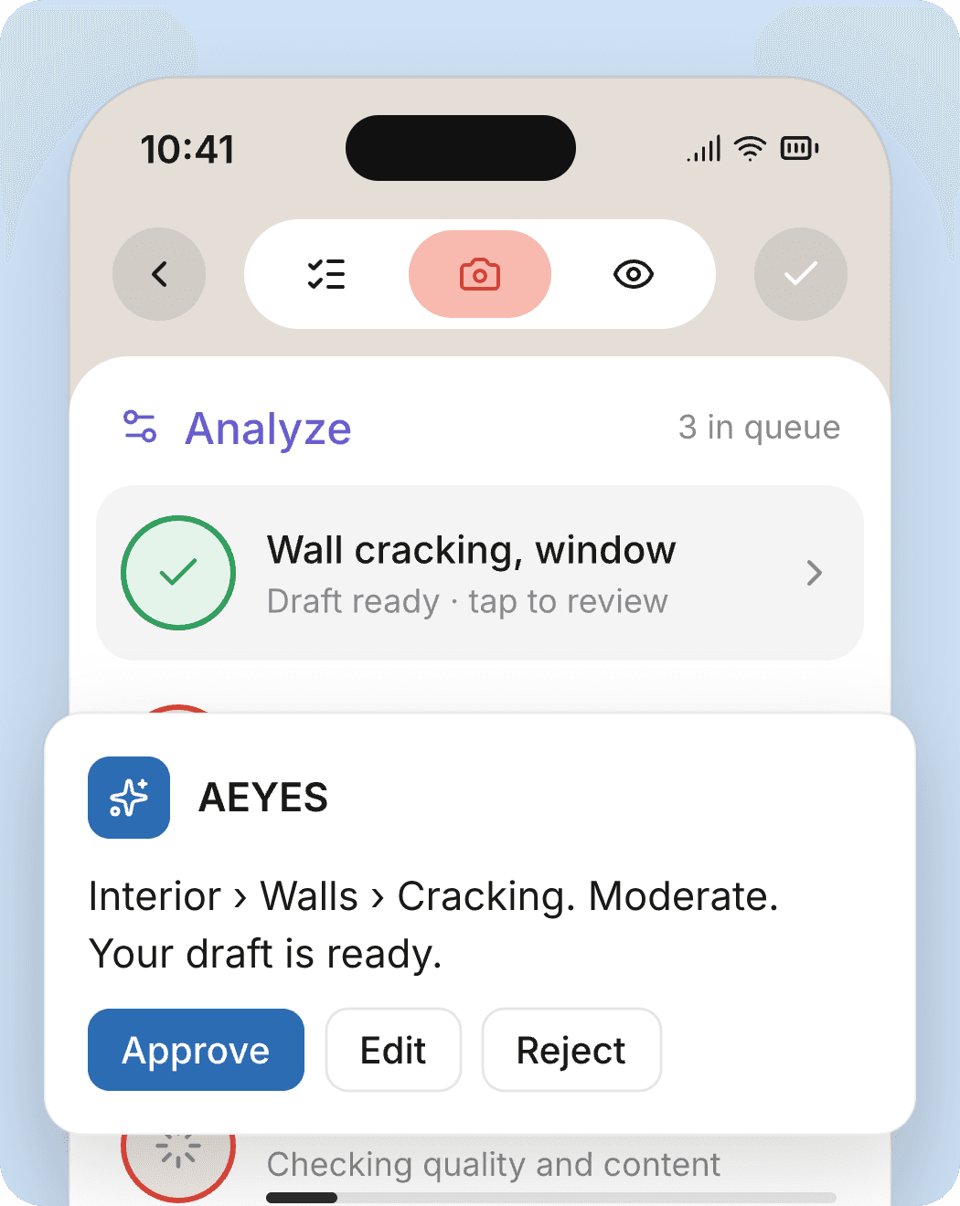 The analyze queue and a drafted defect in the AEYES app